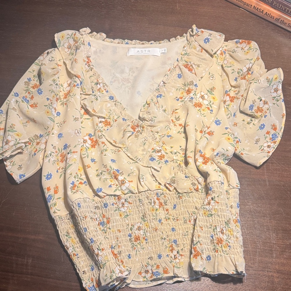 ASTR Floral Blouse in Cream and Blue